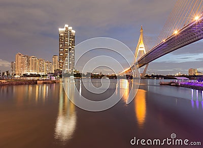 Suspension bridged cross over Bangkok night view Stock Photo