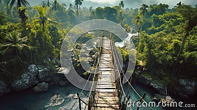 Suspension wood bridge in jungle, vintage dangerous footbridge across tropical river. Landscape of green forest and blue water. Stock Photo