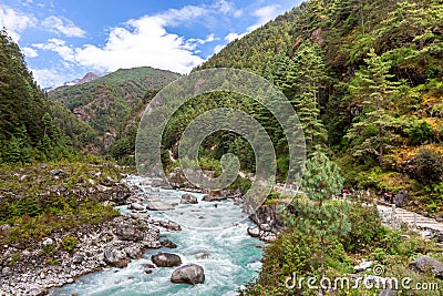 Suspention bridge on the Everest Base Camp Trek, Himalaya mountains, Sagarmatha National Park, Nepal Editorial Stock Photo