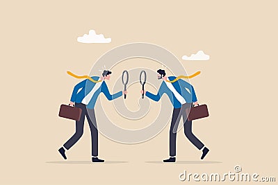 Suspicious or distrust partner, doubtful or pretending, analyzing fake or fraud, concerned or question of business transparency Vector Illustration