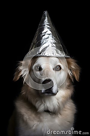 suspicious dog wearing foil hat on black background, neural network generated photorealistic image Stock Photo