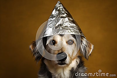 suspicious dog wearing foil hat on brown background, neural network generated photorealistic image Stock Photo