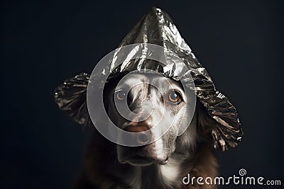 suspicious dog wearing foil hat, neural network generated photorealistic image Stock Photo