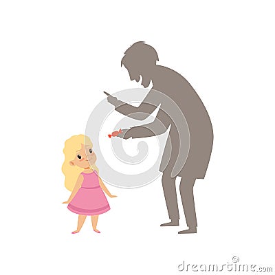 Suspicious stranger offering a candy to a little girl, kid in dangerous situation vector Illustration on a white Vector Illustration