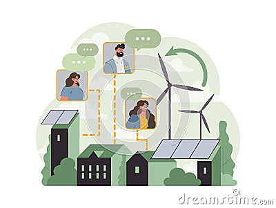 Sustainability. Renewable power generation by windfarm. Energy generation Vector Illustration