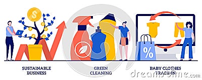 Sustainable business, green cleaning, baby clothes trade-in concept with tiny people. Environmentally friendly business vector Cartoon Illustration