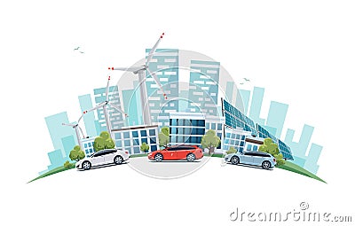 Sustainable City with Cars Street Road and Skyline on Globe Vector Illustration