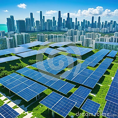 A sustainable cityscape with solar panels and green roofs under a clear blue showcasing sustainable urban Cartoon Illustration