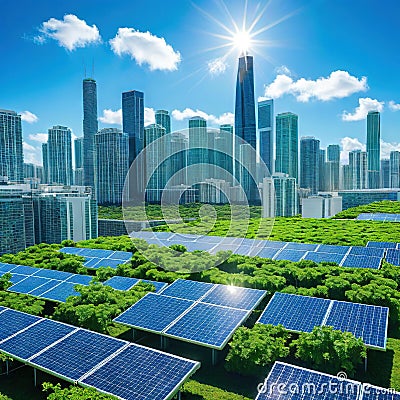 A sustainable cityscape with solar panels and green roofs under a clear blue showcasing sustainable urban Cartoon Illustration