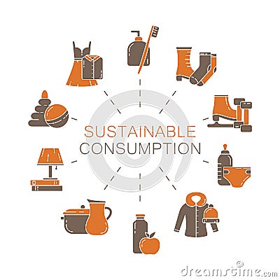 Sustainable consumption in everyday personal life. Color concept poster. Outline illustration. Flat isolated vector icons on white Vector Illustration