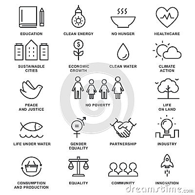 Sustainable Development Goals and Sustainable Living Implementation Concept Line Art Vector Icons Vector Illustration