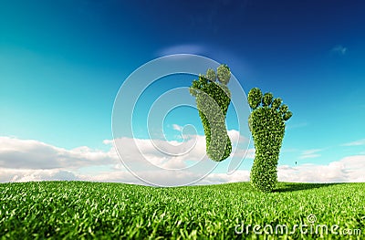 Sustainable eco friendly lifestile concept. 3d rendering of a footprint icon on fresh spring meadow with blue sky in background. Stock Photo