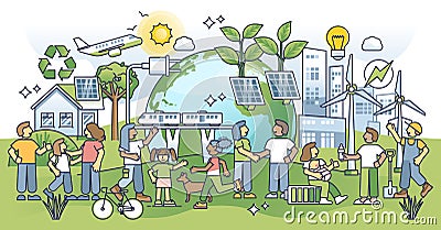 Sustainable ecosystem community living in green urban city outline concept Vector Illustration