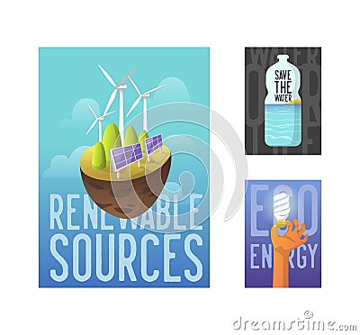 Sustainable Energy Sources, Green Technology, Environment Concept. Solar Battery, Wind Energy. Ecology Banner, Poster Vector Illustration