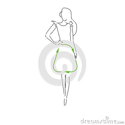 Sustainable fashion. Silhouet woman in outline in dress with sign for recycling. Concept for Sustainable fashion, slow Vector Illustration