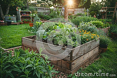 Sustainable garden with edible plants and flowers, permaculture design techniques. AI generated. Stock Photo