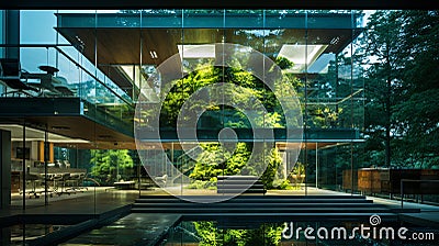 Sustainable green building. Energy efficient building. Sustainable glass office building with trees for reducing carbon dioxide. Stock Photo