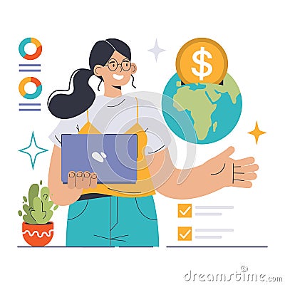 Sustainable Investing concept. Eager financial expert with laptop advocates Vector Illustration