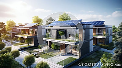 Sustainable Living: Modern Multifamily Homes Equipped with Photovoltaic Cells. Generative ai Cartoon Illustration