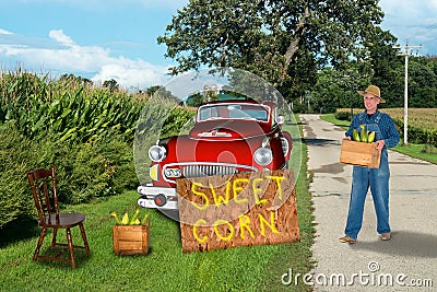 Sustainable Living, Nostalgic Farmer Selling Sweet Corn Stock Photo