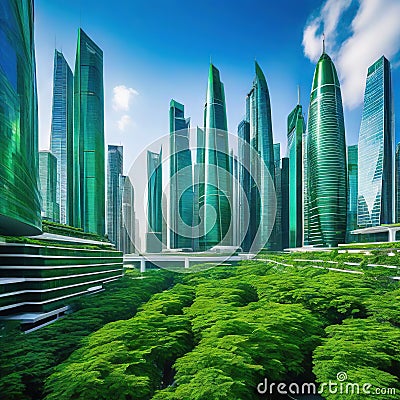 Sustainable modern city with dense skyscrapers amidst green Cartoon Illustration