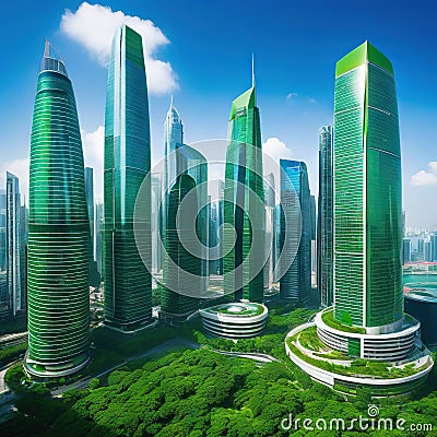 Sustainable modern city with dense skyscrapers amidst green Cartoon Illustration