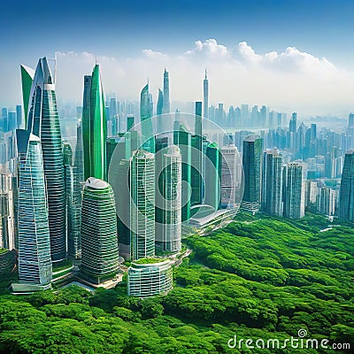 Sustainable modern city with dense skyscrapers amidst green Cartoon Illustration