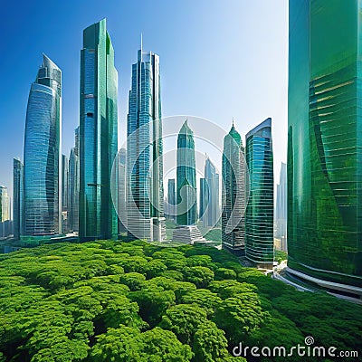 Sustainable modern city with dense skyscrapers amidst green Cartoon Illustration