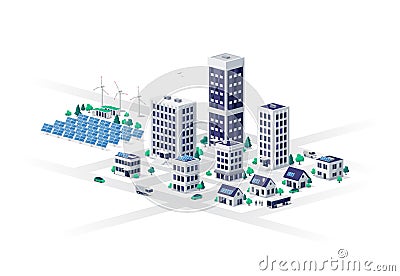 Sustainable modern eco city with commercial residential buildings and renewable energy Vector Illustration