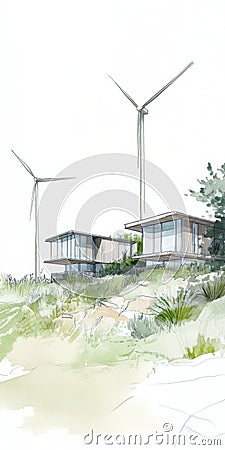 Sustainable modern homes with wind turbines in a watercolor landscape design Stock Photo