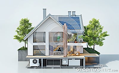 sustainable modern house building with solar panels and heat pump illustration Cartoon Illustration