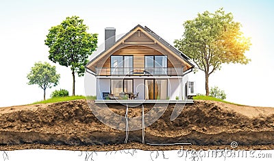 sustainable modern house building with solar panels and heat pump illustration Cartoon Illustration