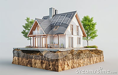 sustainable modern house building with solar panels and heat pump illustration Cartoon Illustration