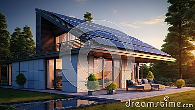 Sustainable Modern Living: Eco-Friendly House with Solar Panels - Generative AI Stock Photo