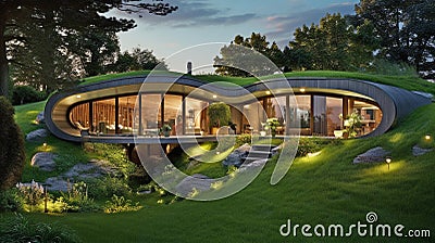 Sustainable modern luxury earth-sheltered home with big lawn with trees, concept of eco friendly green roof house Stock Photo