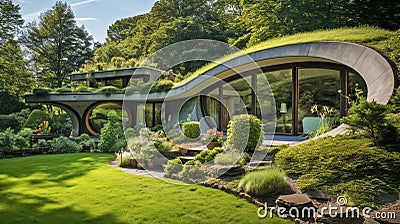 Sustainable modern luxury earth-sheltered home big lawn with trees, concept of eco friendly green roof house Stock Photo