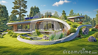 Sustainable modern luxury earth-sheltered home with solar panels and big lawn with trees, concept of eco friendly green roof house Stock Photo