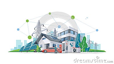 Sustainable Renewable Energy Battery Storage Network House in City Vector Illustration