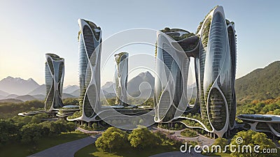 Sustainable sci-fi futuristic skyscraper village masterplan in nature - Generative AI Illustration Stock Photo