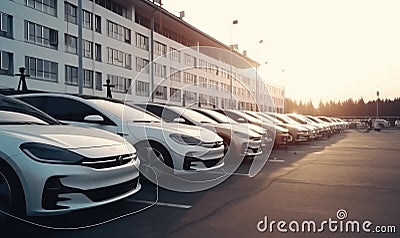 Sustainable transportation: company electric cars charging on parking lot Creating using generative AI tools Stock Photo