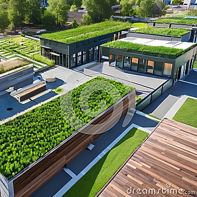 213 A sustainable urban park with green rooftops, rainwater harvesting systems, and interactive installations promoting environm Stock Photo