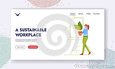 Sustainable Workplace Landing Page Template. Business Woman Character Carry Green Potted Plant, Eco Friendly Environment Vector Illustration