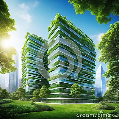 Sustainble green Sustainable glass office building with tree for reducing carbon Office with green Cartoon Illustration