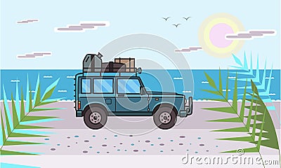 SUV car with luggage on the roof on the beach by the sea. Off-road vehicle on the sunlit seascape. Sea, sun and Vector Illustration