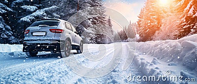Suv Car With Winter Tires On Snowy Road, Perfect For Ski Trips Stock Photo