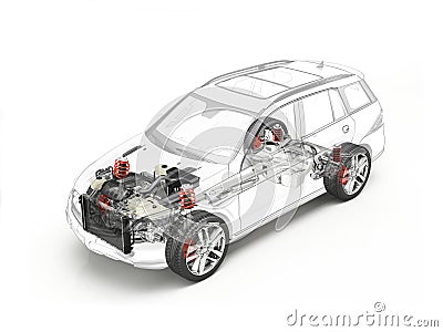 Suv cutaway drawing showing undercarriage details with accessories. Stock Photo