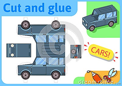 SUV off-road truck paper model. Small home craft project, paper game. Cut out, fold and glue. Cutouts for children Vector Illustration