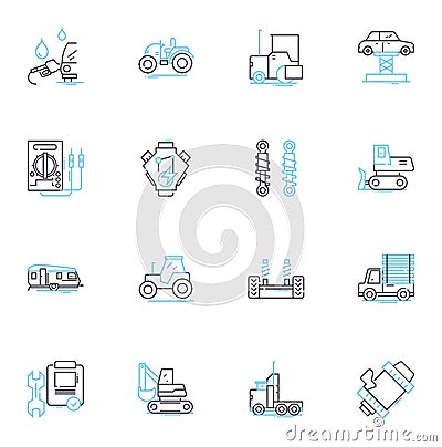 SUV parts linear icons set. Bumper, Headlights, Tires, Exhaust, Grille, Suspension, Brakes line vector and concept signs Vector Illustration