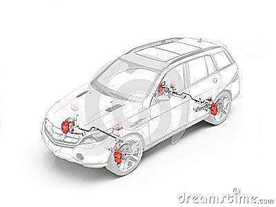 Suv technical drawing showing brakes system. Stock Photo