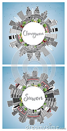 Suwon and Changwon South Korea City Skyline Set Stock Photo